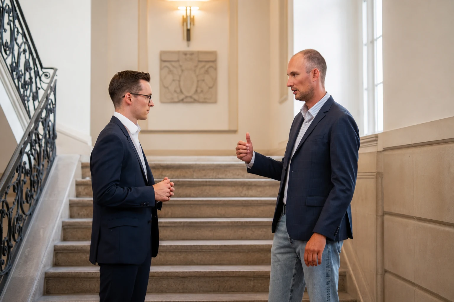 Oliver Lang und Johann Scholz im Gespräch in einem Mainzer Altbau-Treppenhaus